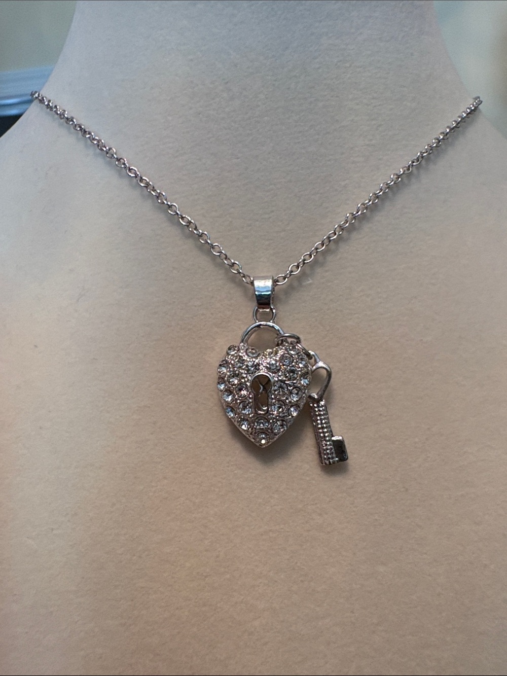 Silver Heart Lock & Key Pendant Necklace - Sparkling Crystal Accent